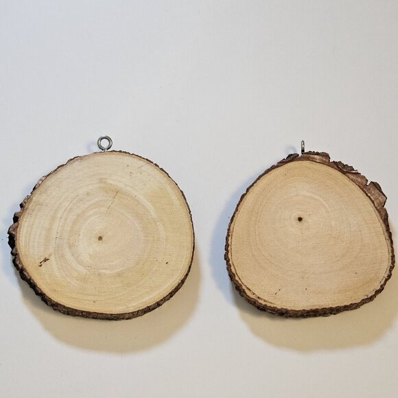 Handmade Round Wood Ornaments Lot of 2 Christmas Winter Hanging Loop Unique Art - Picture 2 of 12